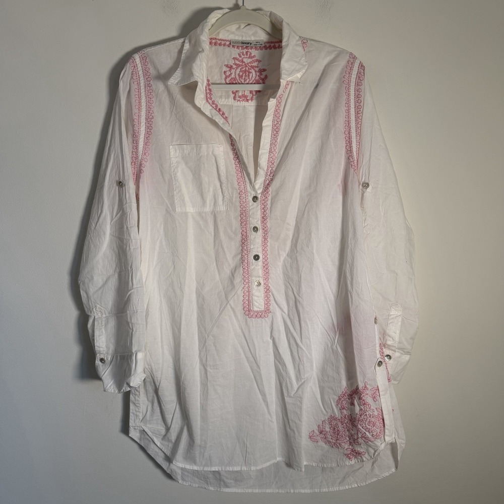Subtle Luxury Womens Sz M/L White Pink Roll-tab Sleeve Boyfriend Shirt Cotton